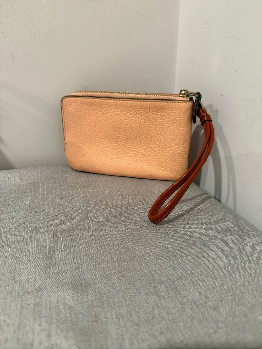 Coach Pink and Peach Two Tone Pebbled Leather Wristlet with Tan Strap